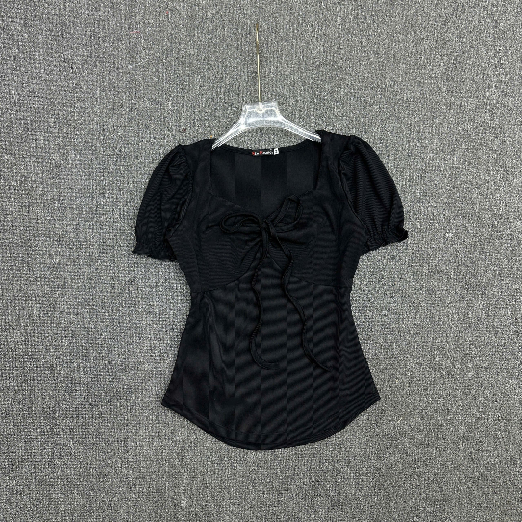 Áo Thun Nữ Bigsize Tay Ngắn MIMISA Phồng Cổ Vuông Phối Nơ Ôm Body Chất Thun Tăm Co Giãn - A549