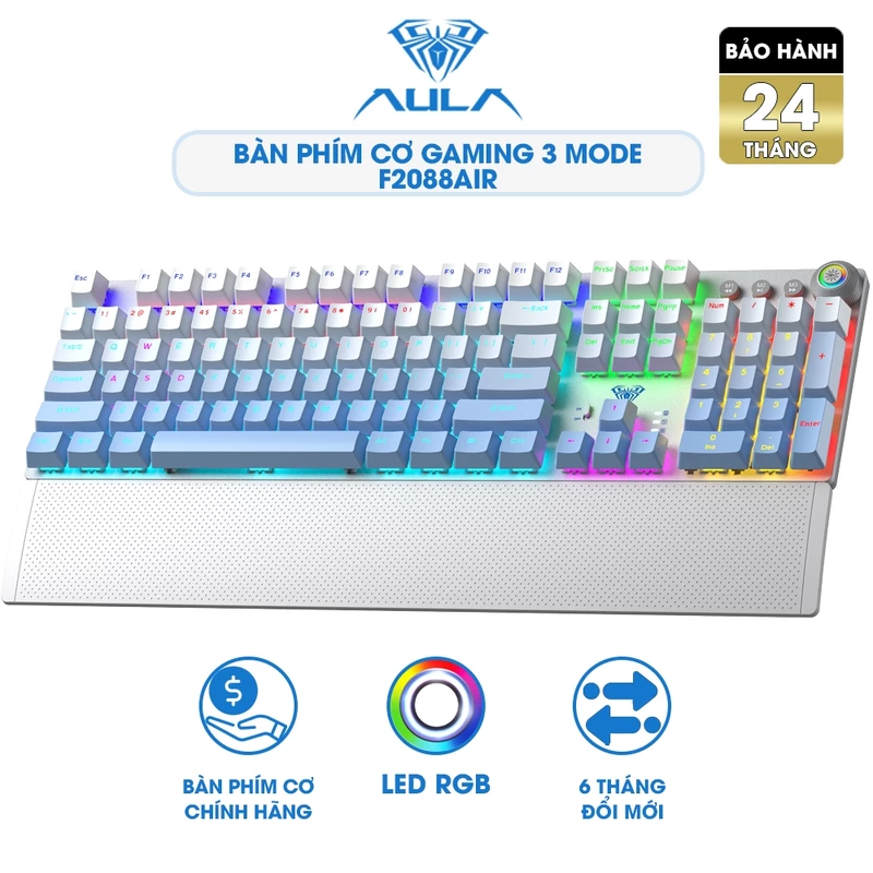 Bàn phím cơ gaming AULA F2088AIR 3 chế độ kết nối, LED RGB 16.8 triệu màu, hỗ trợ hotswap, có tặng kèm kê tay — ảnh 1