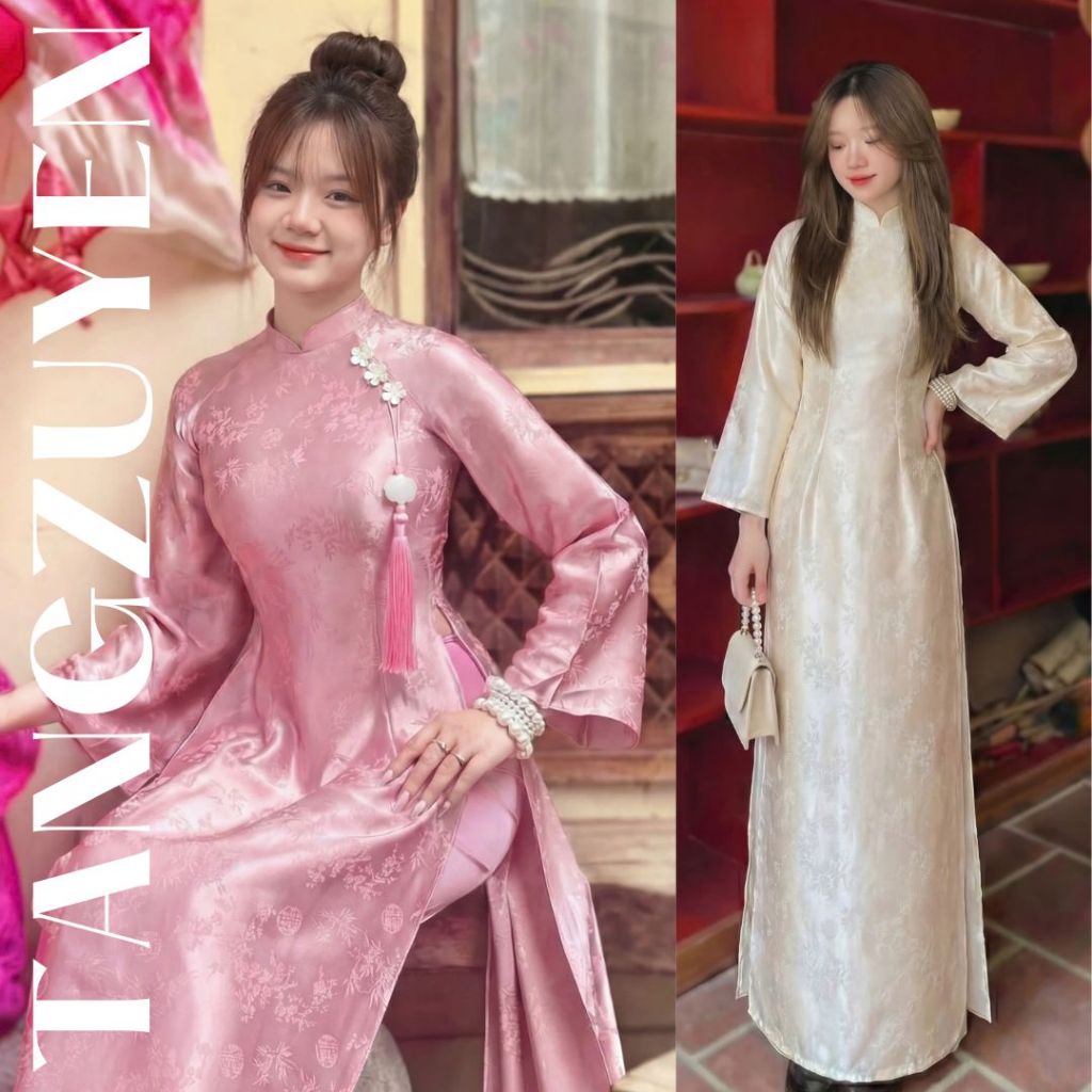 Set Áo dài lụa gấm trúc dáng ôm cao cổ dài tay đính tua rua cách tân   + Quần lụa ống rộng mặc Tết Lễ basic trẻ T1460G