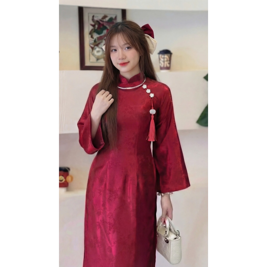 Set Áo dài lụa gấm trúc dáng ôm cao cổ dài tay đính tua rua cách tân   + Quần lụa ống rộng mặc Tết Lễ basic trẻ T1460G