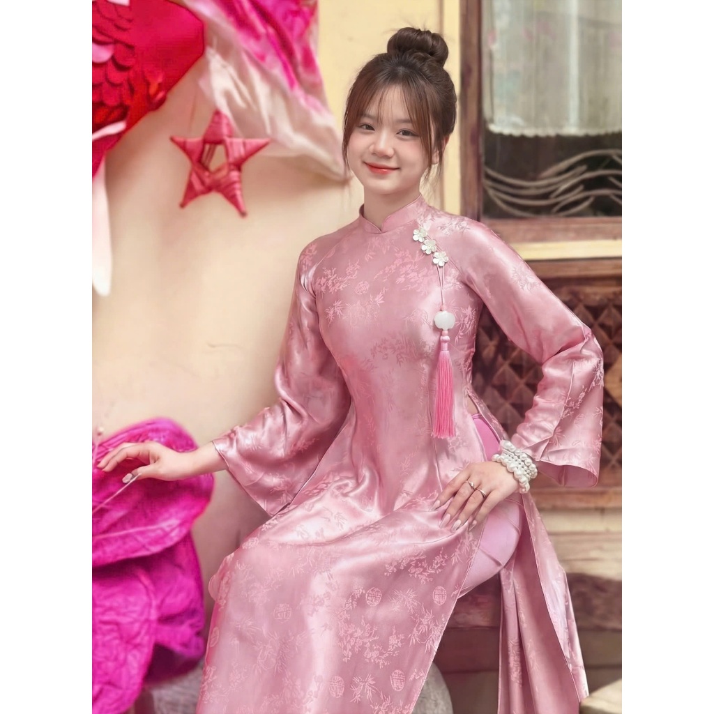 Set Áo dài lụa gấm trúc dáng ôm cao cổ dài tay đính tua rua cách tân   + Quần lụa ống rộng mặc Tết Lễ basic trẻ T1460G