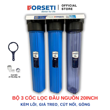 Bộ cốc lọc thô đầu nguồn bán công nghiệp 20 inch Ren 21 và Ren 27 đã bao gồm 3 lõi lọc, gông tháo cốc lọc, cút nối