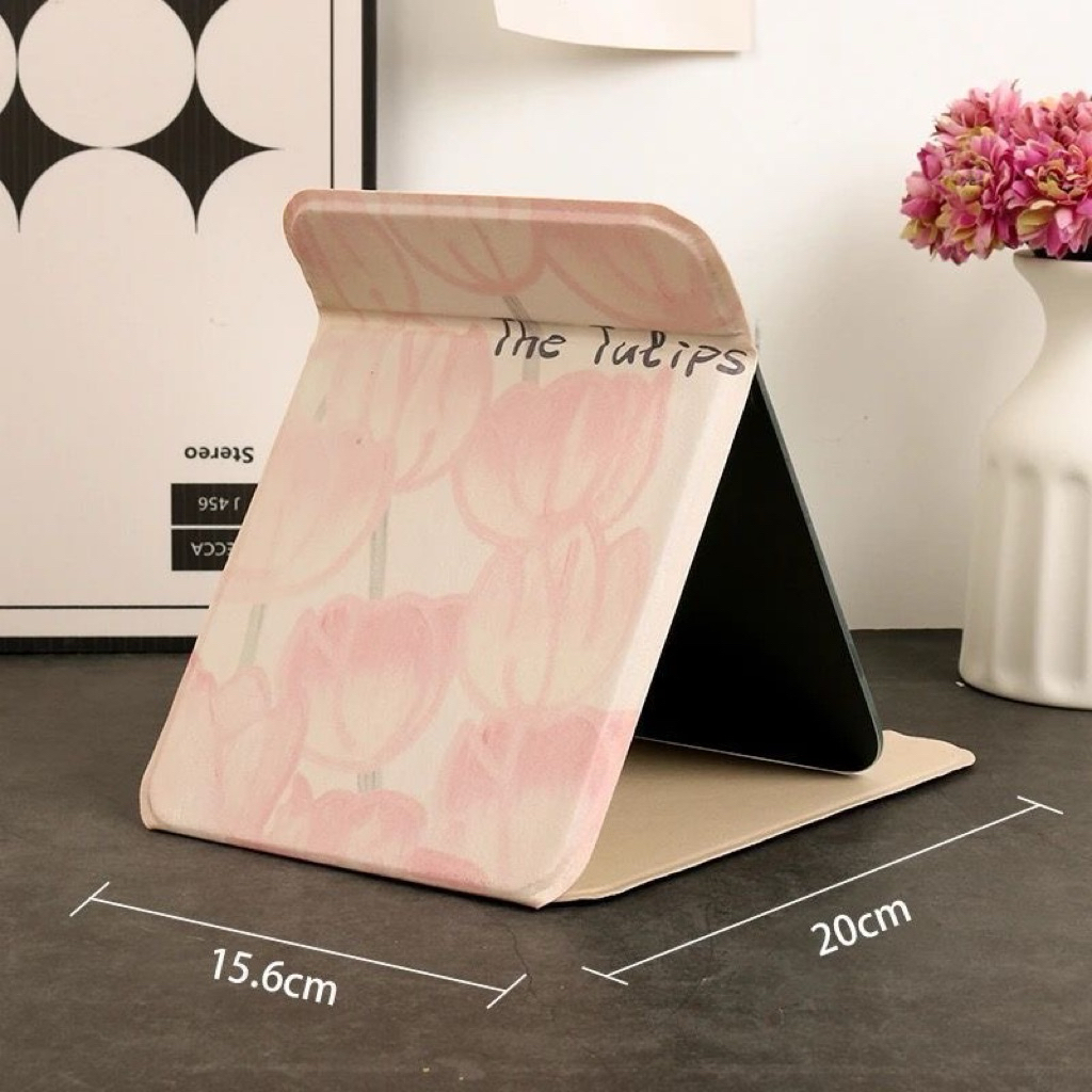 Gương Tulip Gấp Gọn 20x15.6cm – Gương Trang Điểm Để Bàn, Cầm Tay, Viền Bọc Da PU Cao Cấp, Gương Phẳng Soi Mặt Dễ Thưng