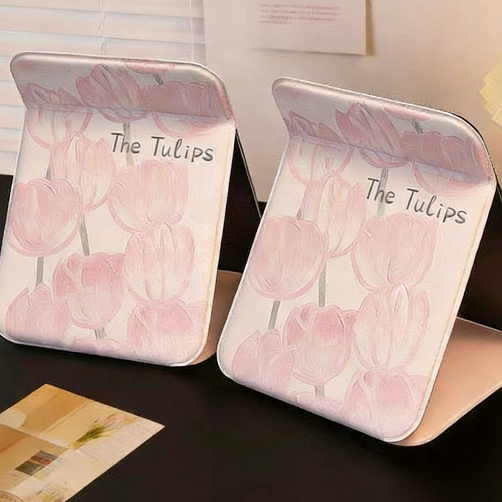 Gương Tulip Gấp Gọn 20x15.6cm – Gương Trang Điểm Để Bàn, Cầm Tay, Viền Bọc Da PU Cao Cấp, Gương Phẳng Soi Mặt Dễ Thưng