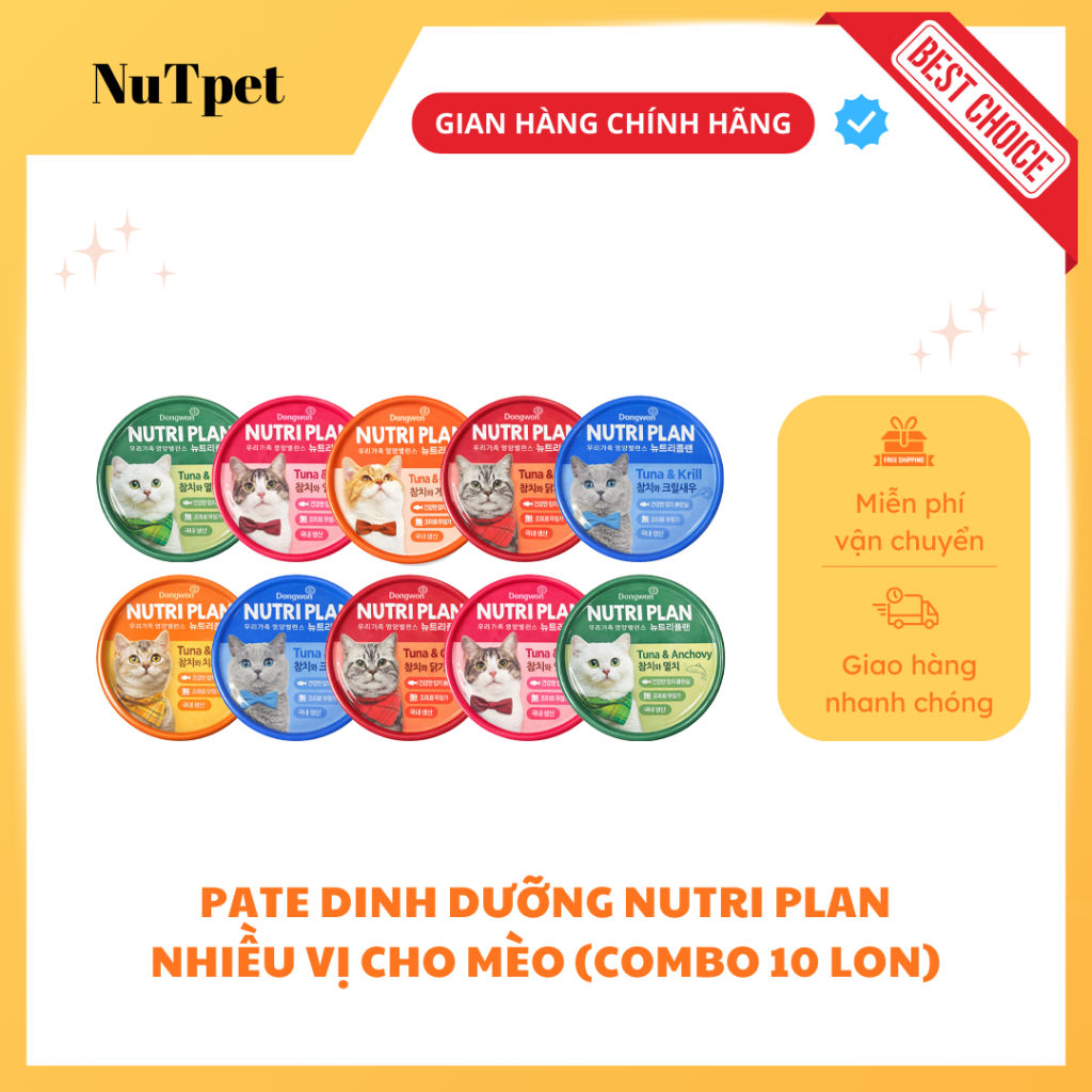 Combo 10 lon Pate cho mèo Nutri Plan 160g Mix 6 vị