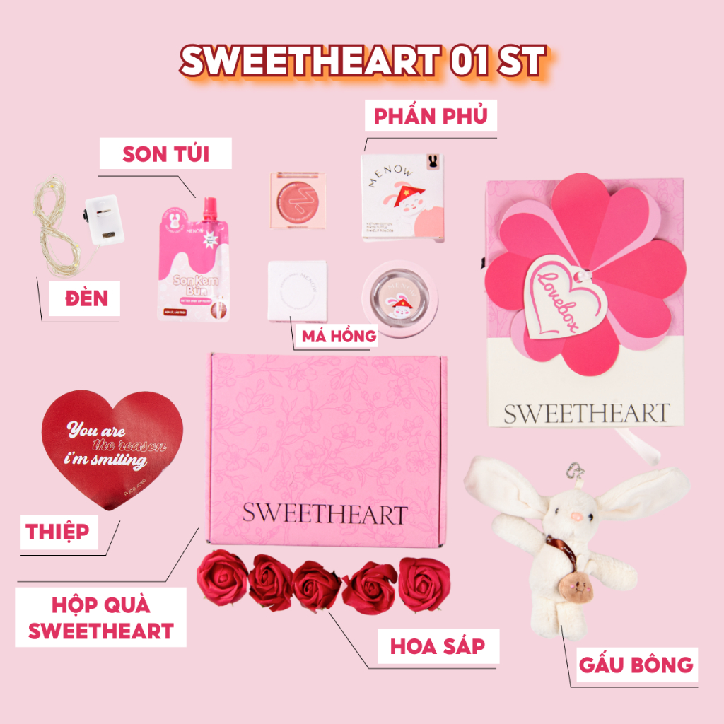 Hộp quà tặng trang điểm sẵn dây xách kèm gấu bông, hoa sáp và đèn MENOW SWEETHEART