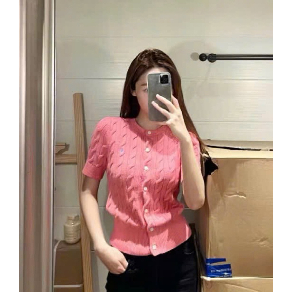 Linh Moon Áo len cộc tay dáng cardigan dệt vặn thừng màu hồng, form ôm nhẹ, mặc xuân hè Kèm Ảnh Thật