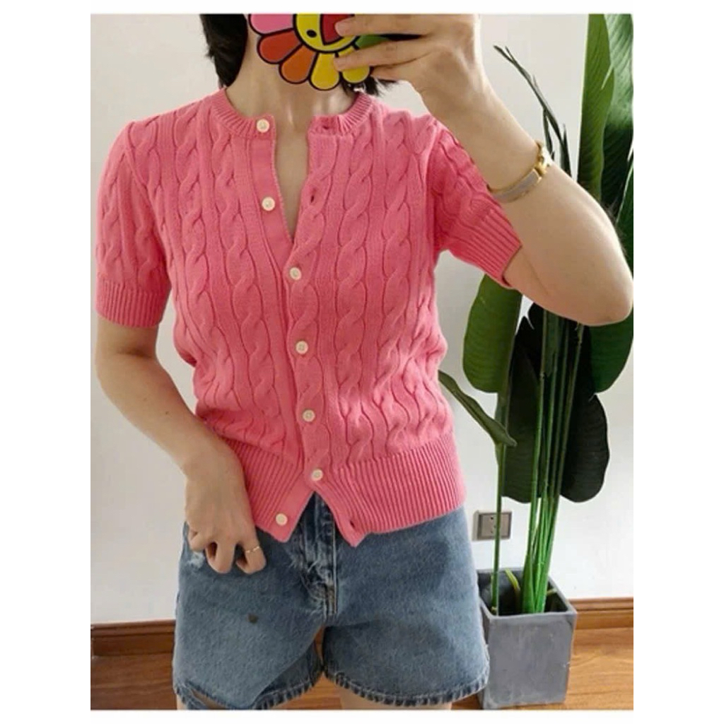 Linh Moon Áo len cộc tay dáng cardigan dệt vặn thừng màu hồng, form ôm nhẹ, mặc xuân hè Kèm Ảnh Thật