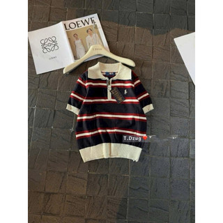 LT - Áo len kẻ cổ khoá kéo kẻ sọc tay cộc, len polo cổ bẻ hoạ tiết sọc ngang free size 1549