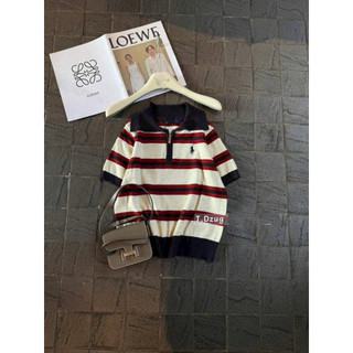 LT - Áo len kẻ cổ khoá kéo kẻ sọc tay cộc, len polo cổ bẻ hoạ tiết sọc ngang free size 1549
