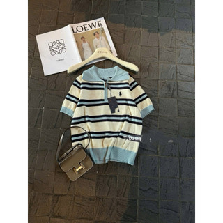 LT - Áo len kẻ cổ khoá kéo kẻ sọc tay cộc, len polo cổ bẻ hoạ tiết sọc ngang free size 1549