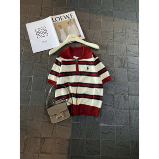 LT - Áo len kẻ cổ khoá kéo kẻ sọc tay cộc, len polo cổ bẻ hoạ tiết sọc ngang free size 1549