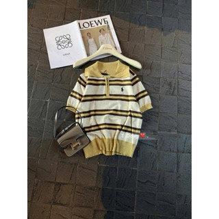 LT - Áo len kẻ cổ khoá kéo kẻ sọc tay cộc, len polo cổ bẻ hoạ tiết sọc ngang free size 1549