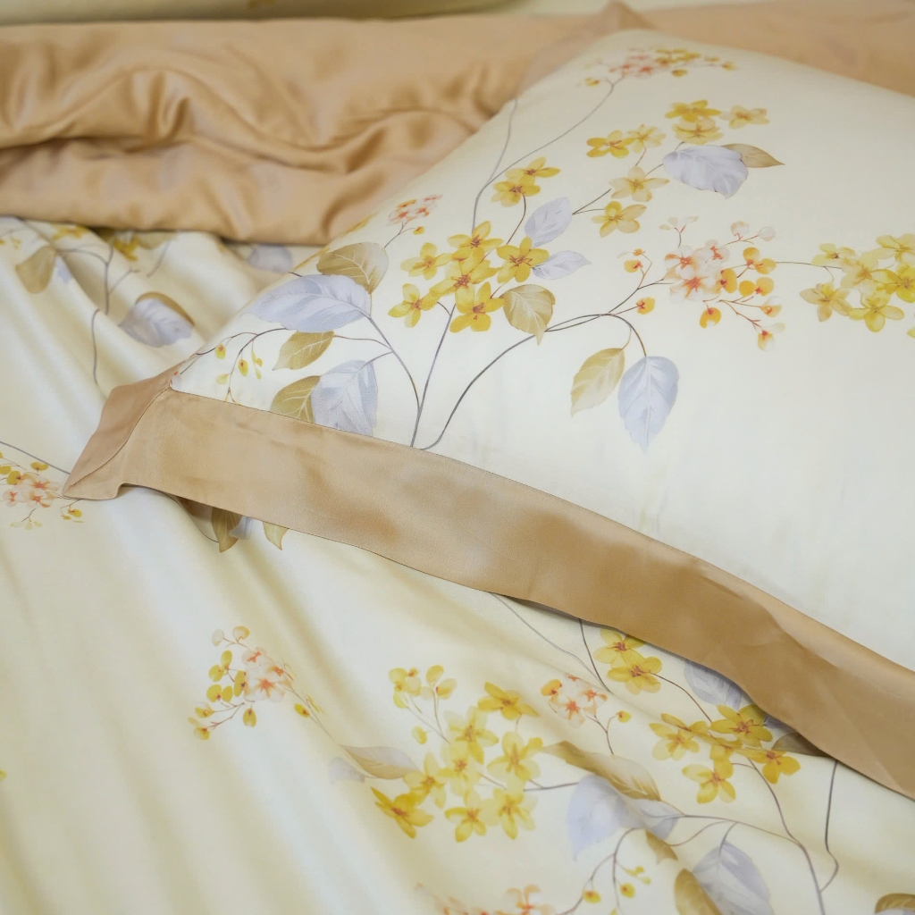 Bộ Chăn Ga Gối Lụa Tencel 100% Gỗ Sồi Cao Cấp 100s Julia- Mềm Mịn, Mát Lạnh Màu Vàng 908