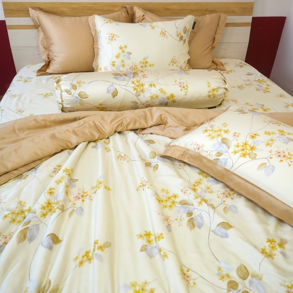 Bộ Chăn Ga Gối Lụa Tencel 100% Gỗ Sồi Cao Cấp 100s Julia- Mềm Mịn, Mát Lạnh Màu Vàng 908
