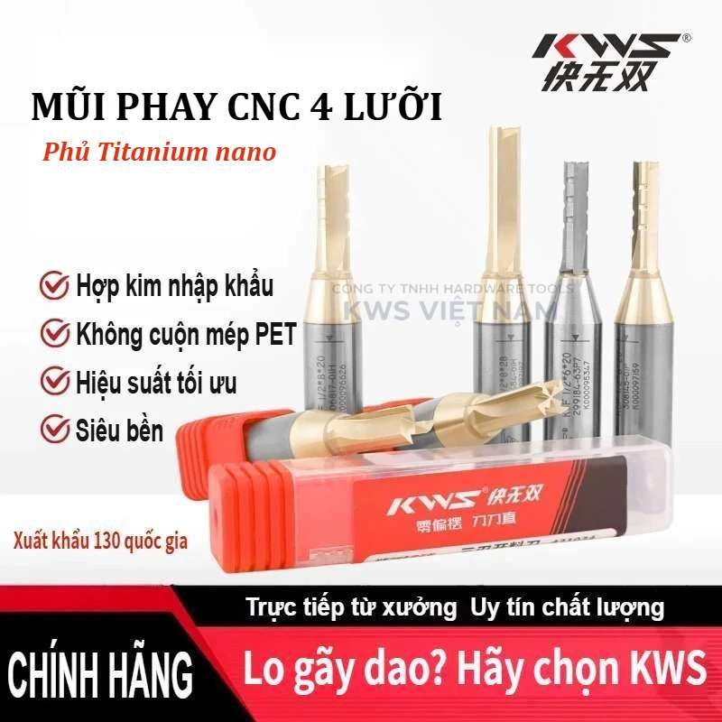 Dao Phay CNC Mũi Phay CNC 4 Lưỡi KWS 8-10mm Phủ Titanium Cắt Ván Plywood MDF HDF Ván Dăm Gỗ Tự Nhiên