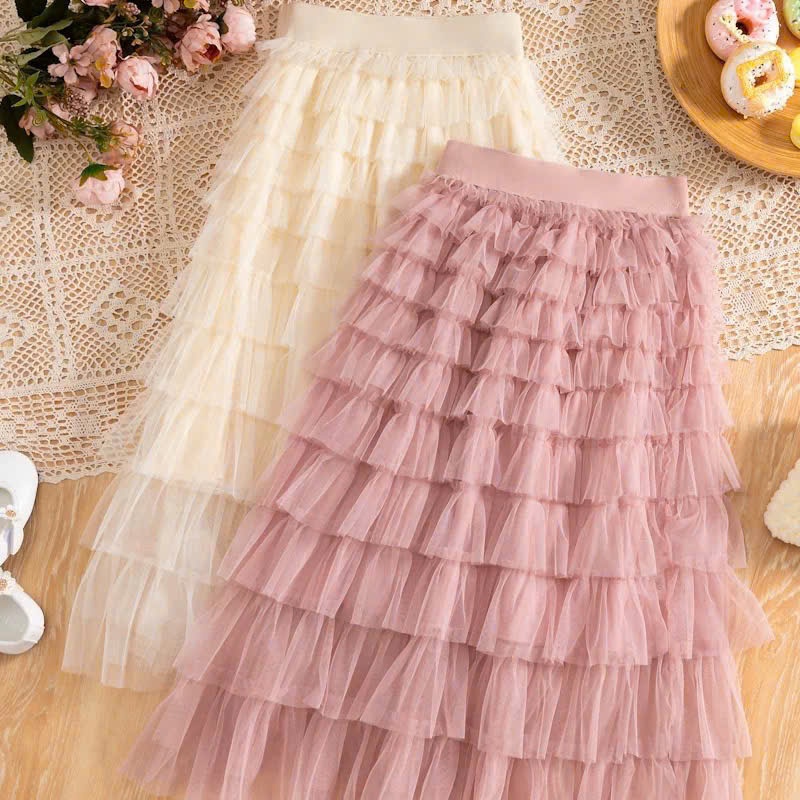 Chân váy tầng bé gái dáng dài form xòe nhẹ, chân váy phối tầng voan mềm mại phong cách Hàn Quốc, cho mẹ và bé