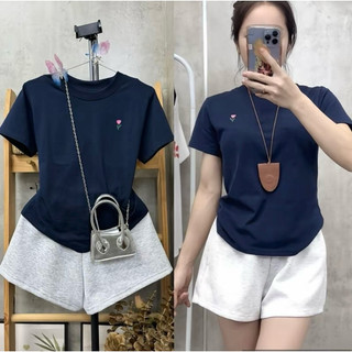 Set bộ áo thun form vừa xanh than mix quần short đùi umi xám - in cây hoa