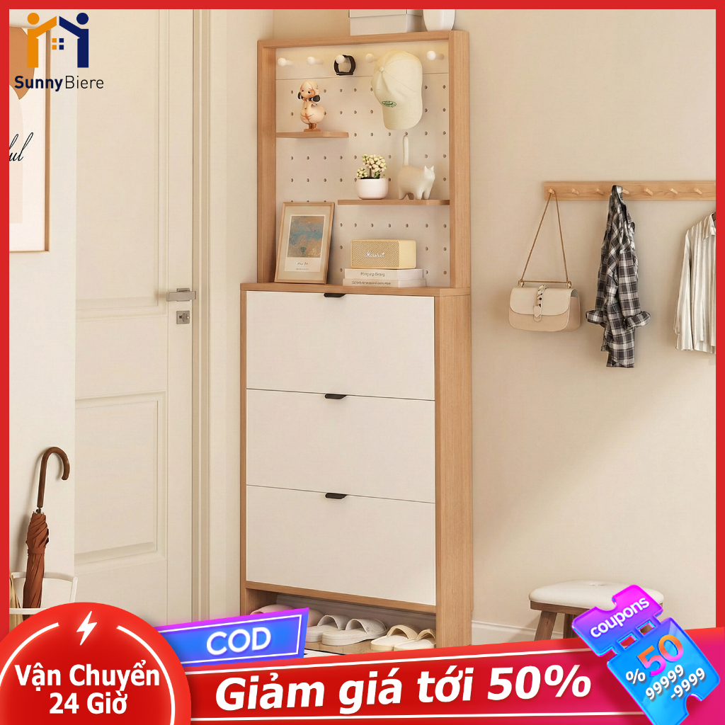 SN Tủ Giày Cánh Lật Kết Hợp Bảng Lỗ Đa Năng 2 trong 1 Làm Tủ Giày Kệ Treo Đồ Thông Minh Cho Cửa Vào
