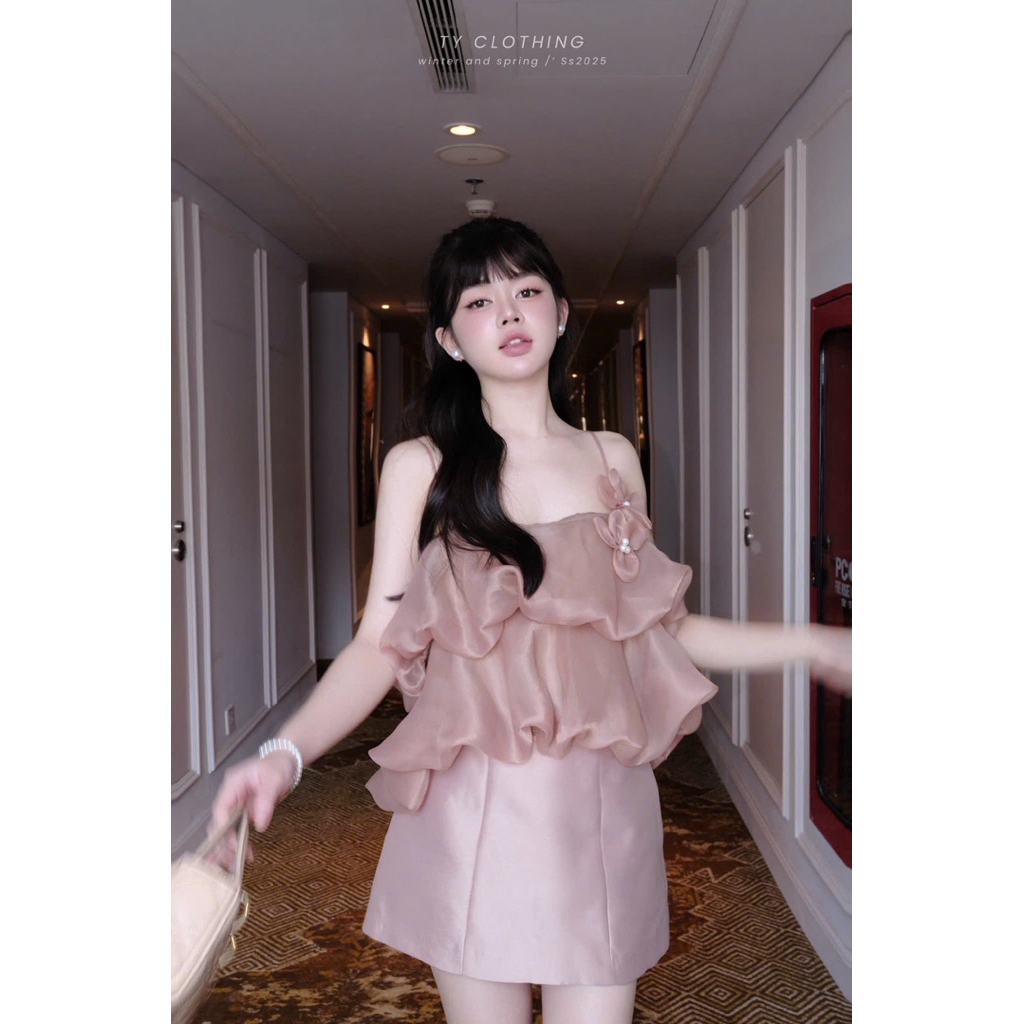 [ TY CLOTHING ] Set áo bèo tơ hoa cài Tiểu Thư Sang Chảnh - Hàng thiết kế - Màu Nâu- TY CLOTHING