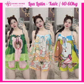Đồ ngủ nữ 40-60kg, đồ ngủ 2 dây xếp ly nơ đùi lụa latin xước mềm mát 60CS07, đồ bộ nữ đồ mặc nhà dễ thương sang chảnh