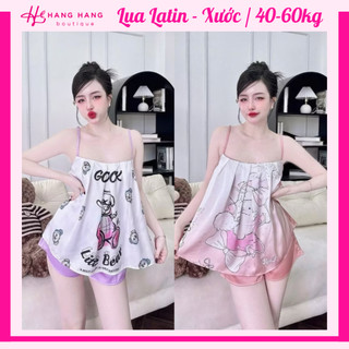 Đồ ngủ nữ 40-60kg, đồ ngủ 2 dây xếp ly xòe đùi lụa latin xước mềm mát 60CS02, đồ bộ nữ đồ mặc nhà dễ thương sang chảnh