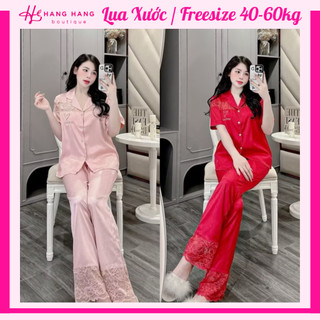 Đồ ngủ nữ 40-60kg, pijama dài cộc tay ngắn viền ren lụa xước mềm mát 60CD12, đồ bộ nữ đồ mặc nhà trơn sang chảnh