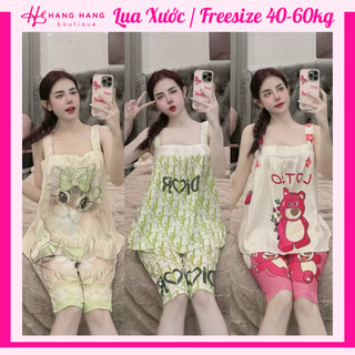 Đồ ngủ nữ 40-60kg, đồ ngủ 2 dây bản to quần lửng lụa xước mềm mát 60LS01, đồ bộ nữ đồ mặc nhà dễ thương