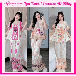 Đồ ngủ nữ 40-60kg, pijama dài cộc tay voan cổ vuông ren lụa xước mềm mát 60CD18, đồ bộ nữ đồ mặc nhà tiểu thư dễ thương