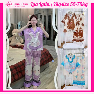 Đồ ngủ nữ bigsize 55-75kg, pijama dài cộc tay viền bèo lụa latin mịn mát 75CD02, đồ bộ nữ đồ mặc nhà tiểu thư dễ thương