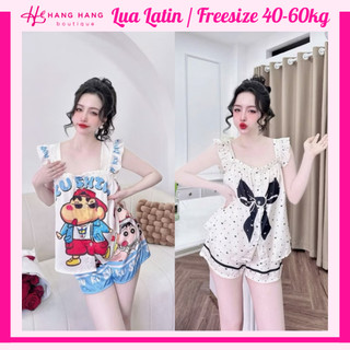 Đồ ngủ nữ 40-60kg, đồ ngủ 2 dây cánh tiên nút nhún ngực quần đùi lụa latin mịn mát 60CS05, đồ bộ nữ đồ mặc nhà dễ thương