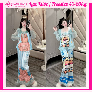 Đồ ngủ nữ 40-60kg, pijama dài tay voan cổ vuông ren lụa xước mềm mát 60DD42, đồ bộ nữ đồ mặc nhà tiểu thư dễ thương