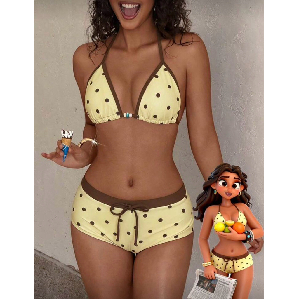 𝒫𝑒𝒶𝒸𝒽𝓎 𝒷𝒾𝓀𝒾𝓃𝒾 - Bộ Bikini Nữ chấm bi vàng cột dây