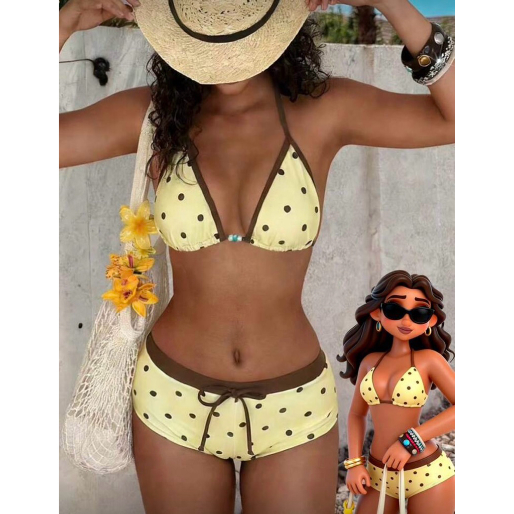 𝒫𝑒𝒶𝒸𝒽𝓎 𝒷𝒾𝓀𝒾𝓃𝒾 - Bộ Bikini Nữ chấm bi vàng cột dây