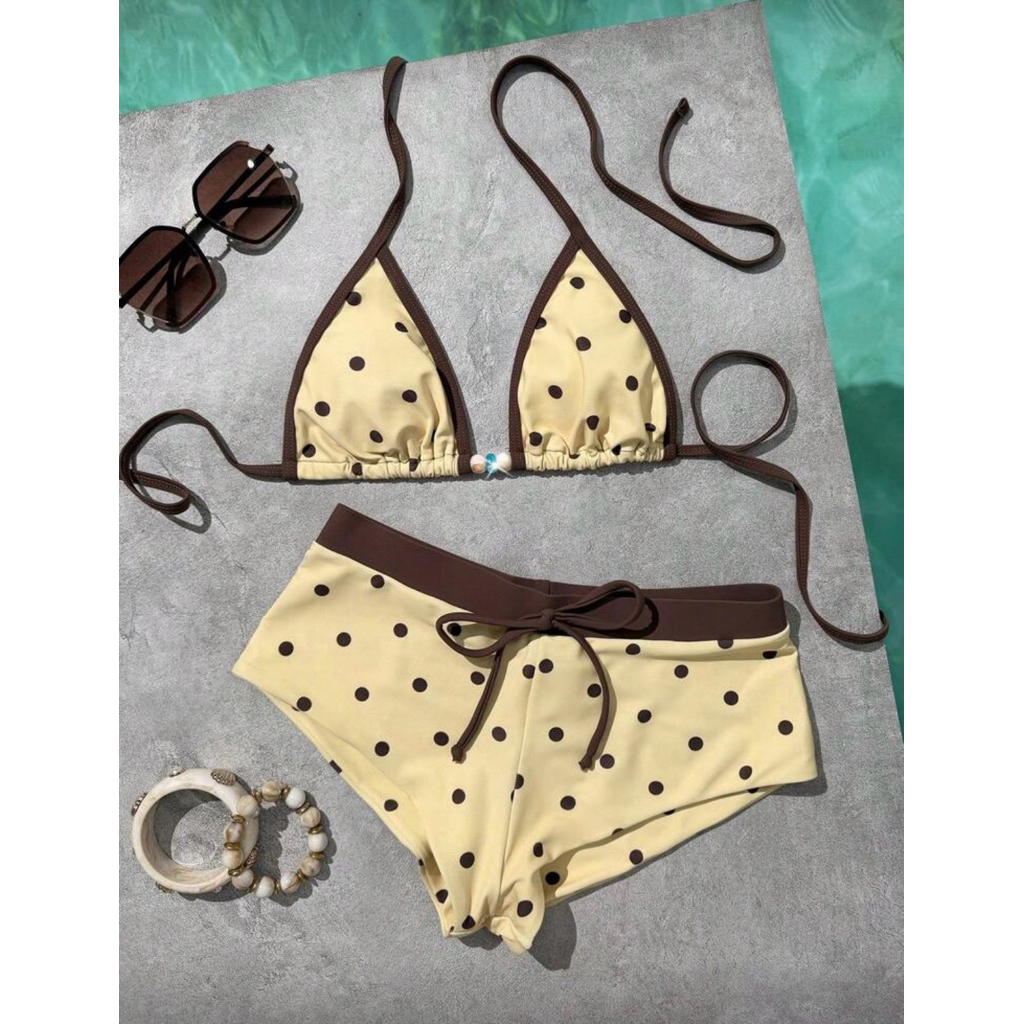 𝒫𝑒𝒶𝒸𝒽𝓎 𝒷𝒾𝓀𝒾𝓃𝒾 - Bộ Bikini Nữ chấm bi vàng cột dây