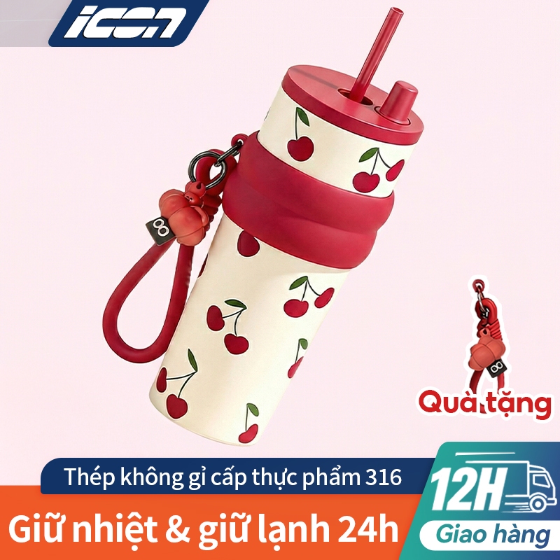 ICON Ly giữ nhiệt phủ sứ 316L: Giữ nhiệt 24h, dung tích lớn 710ml, kèm ống hút + nút chặn bụi, tặng charm