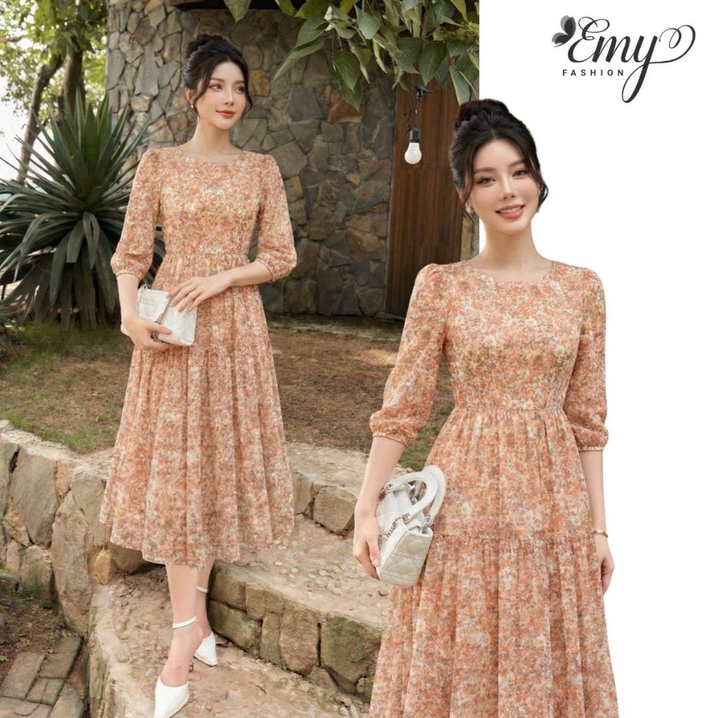 Đầm Thiết Kế EMY Thời Trang Cao Cấp EM9757 Vải Tơ Hoa Thanh Lịch Sang Trọng