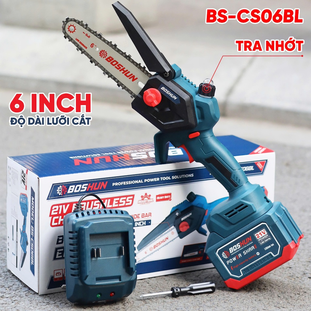 [Tặng Thước Dây] Máy Cưa Xích 6inch BOSSUN BS-CS06BLC Tra Nhớt Tự Động, Cưa Gỗ, Cắt Cây Chính Hãng