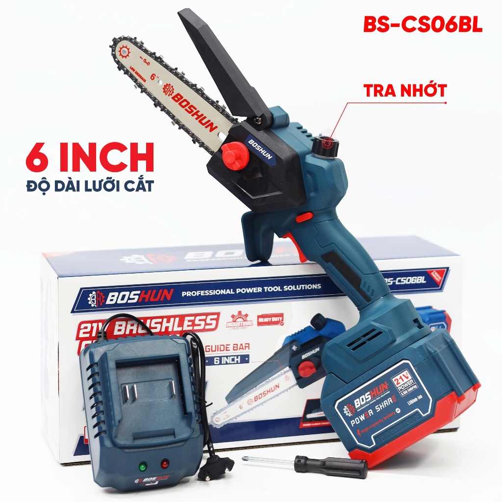 [Tặng Thước Dây] Máy Cưa Xích 6inch BOSSUN BS-CS06BLC Tra Nhớt Tự Động, Cưa Gỗ, Cắt Cây Chính Hãng