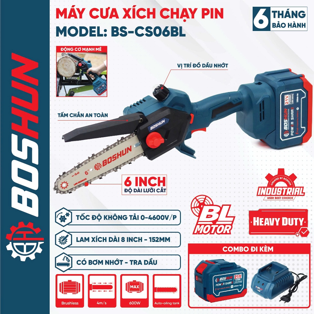 [Tặng Thước Dây] Máy Cưa Xích 6inch BOSSUN BS-CS06BLC Tra Nhớt Tự Động, Cưa Gỗ, Cắt Cây Chính Hãng