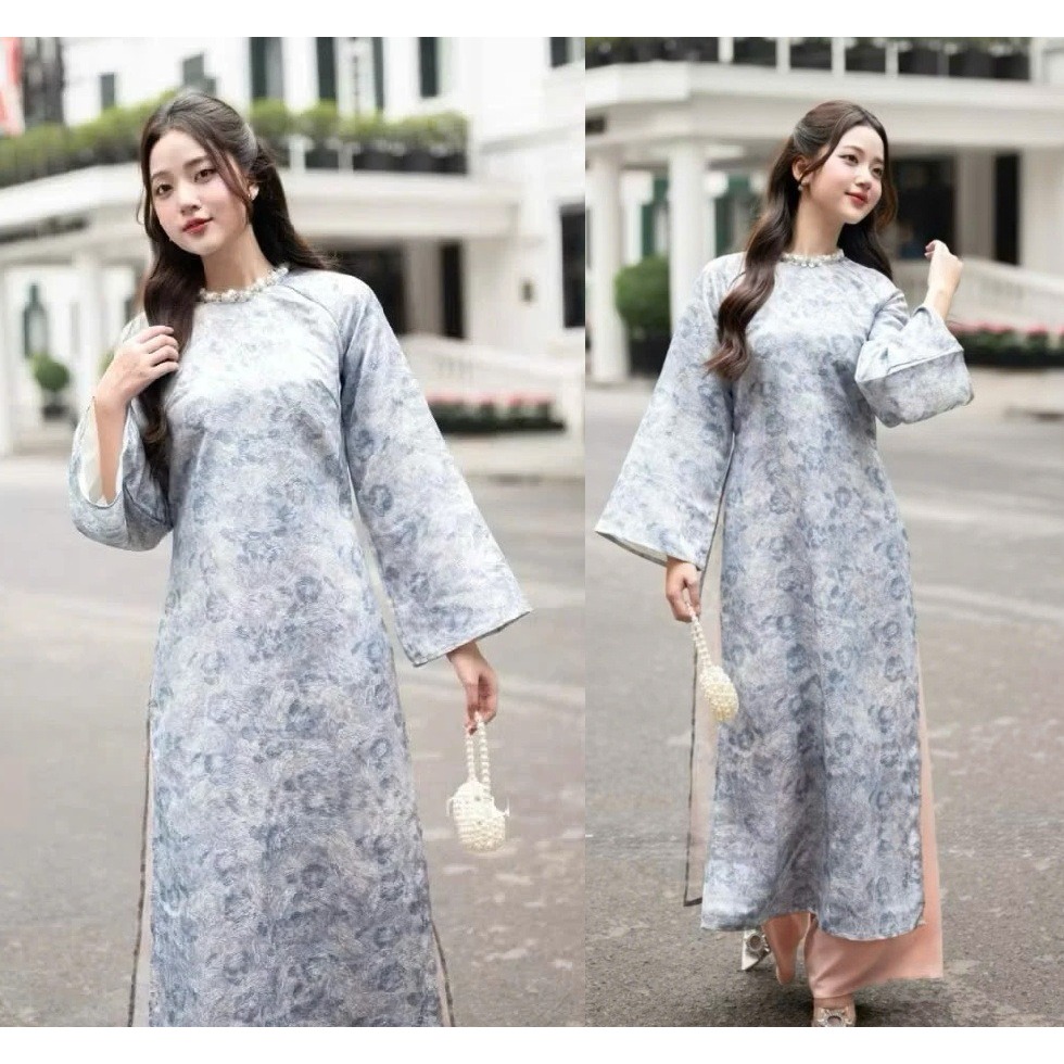 Set áo dài suông cổ tròn đính kim sa tay lỡ gấm loang dệt cách tân hồng xanh pastel + Quần dài ống rộng trẻ trung T1490G