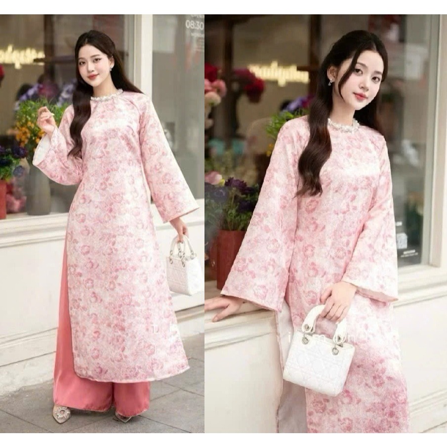 Set áo dài suông cổ tròn đính kim sa tay lỡ gấm loang dệt cách tân hồng xanh pastel + Quần dài ống rộng trẻ trung T1490G