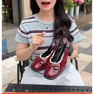 LOẠI I Giày Búp Bê Mary Jane Gót Vuông Da Bóng Viền Ren Đính Nơ