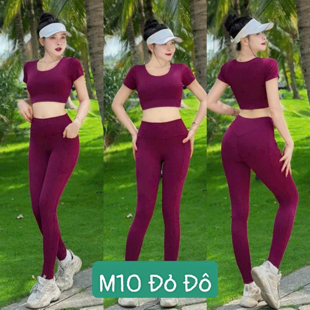 Bộ đồ tập Gym,yoga nữ aerobic nữ Áo có tay TẶNG mút quần dài cạp cao chất thun co giãn 4 chiều.