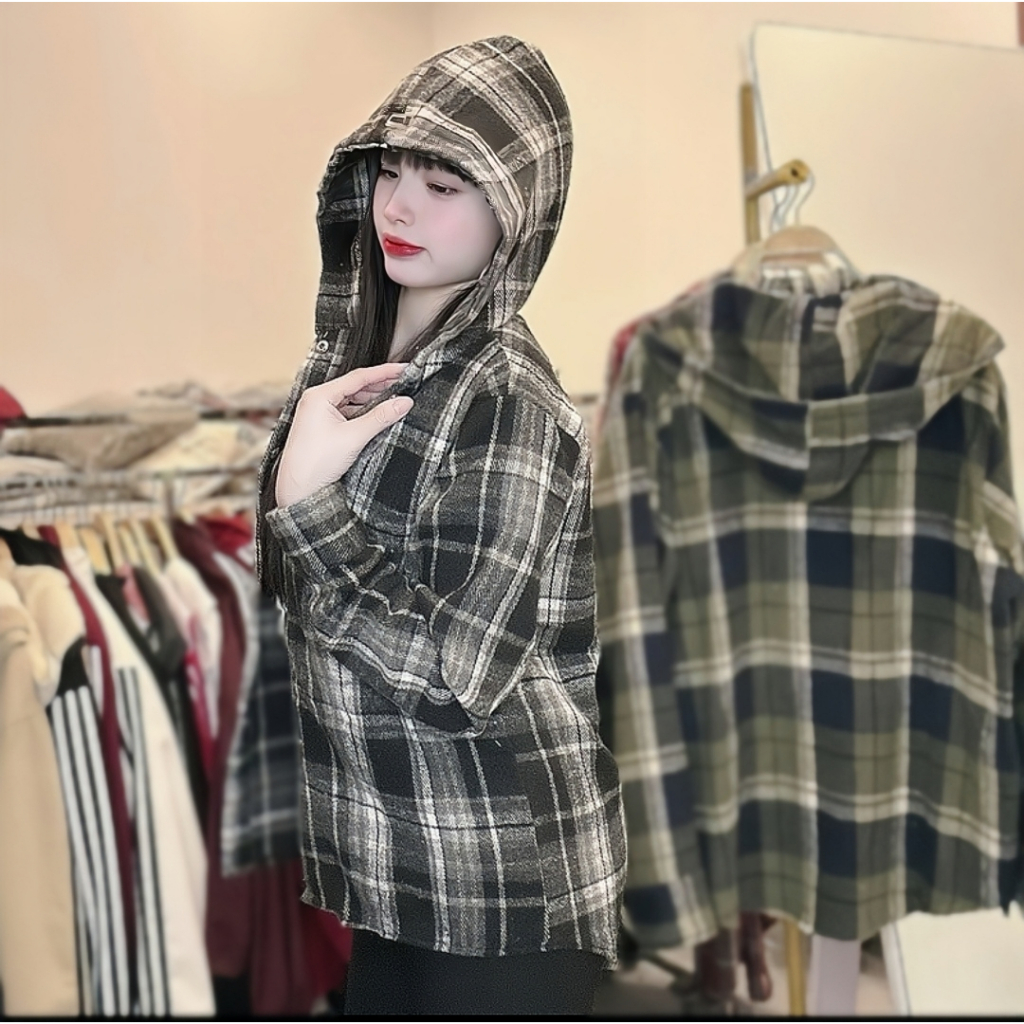 ( túi trong có khóa kéo ) Áo Khoác Sơ Mi Dạ Flannel Kẻ Caro  Nam , Nữ -Có Nón