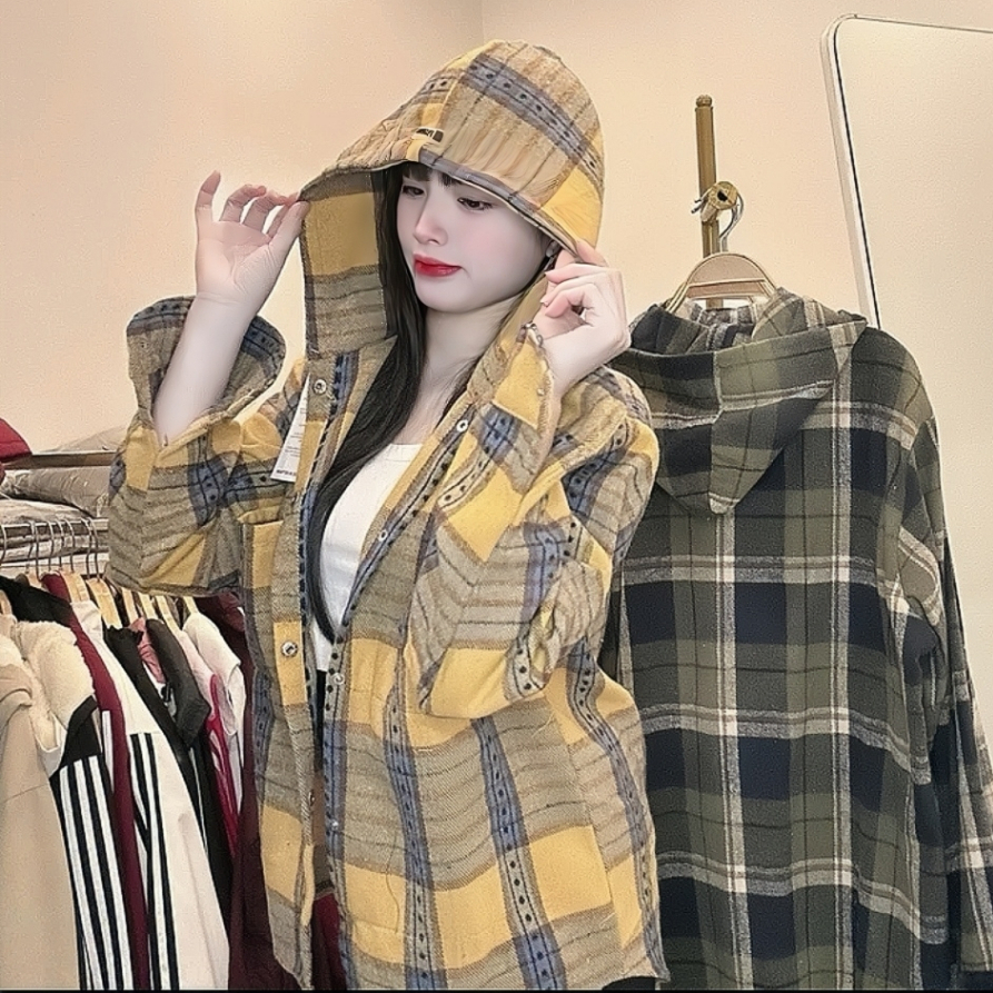 ( túi trong có khóa kéo ) Áo Khoác Sơ Mi Dạ Flannel Kẻ Caro  Nam , Nữ -Có Nón