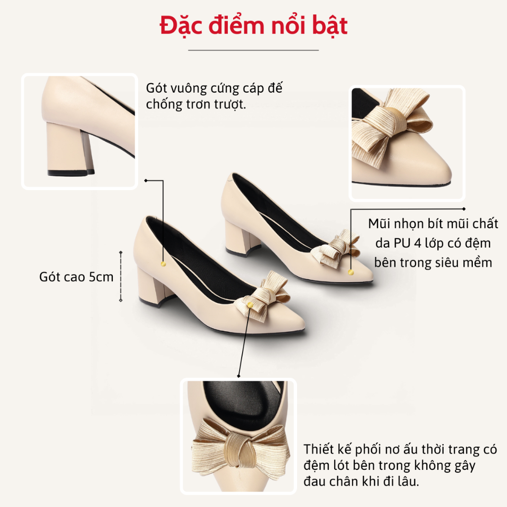 Giày Cao Gót 5cm Đế Vuông Mũi Nhọn Nơ Ấu Pixie P284