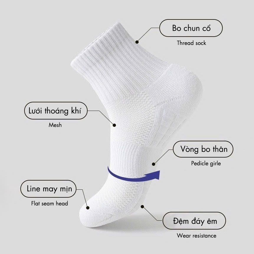 Tất vớ thể thao nam đệm chân êm ái, chất liệu cotton cao cấp thoáng khí khử mùi hôi - Ekiu Shop