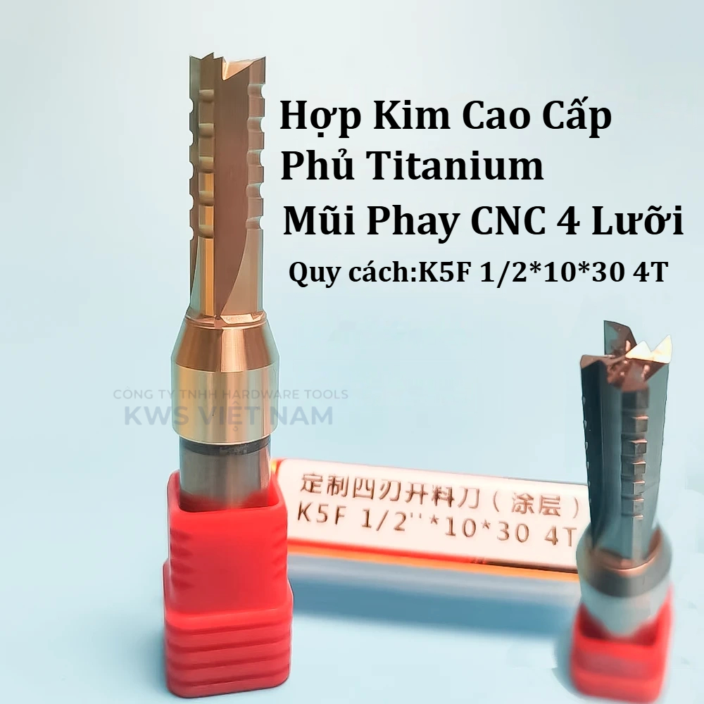 Dao Phay CNC Mũi Phay CNC 4 Lưỡi KWS 8-10mm Phủ Titanium Cắt Ván Plywood MDF HDF Ván Dăm Gỗ Tự Nhiên