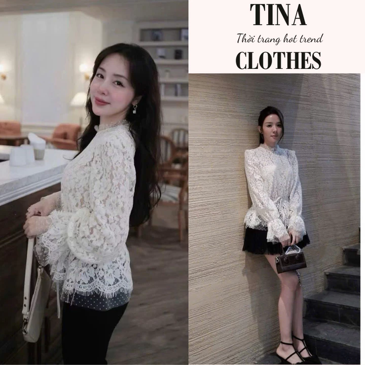 Áo ren nữ tay dài cổ tròn, áo kiểu nữ peplum chiết eo dáng xòe tiểu thư TINA HCOM26997